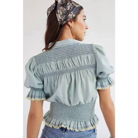 Pilcro Femme Smocked Blouse Milkmaid L Puff Sleeve Boho Western Festival Cottage - Picture 3 of 11
